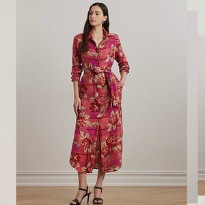 Ralph Lauren Women's Pink/Red Multi Plaid & Floral Linen Shirtdress Dress 12